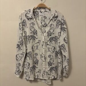 Cynthia Rowley Women's Tiger Print 100% Linen Button Down Shirt Vacation M White